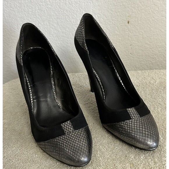 Nine West Heels Womens 9M Black Silver TicTok Colorblock Stripe Metallic - Picture 1 of 11